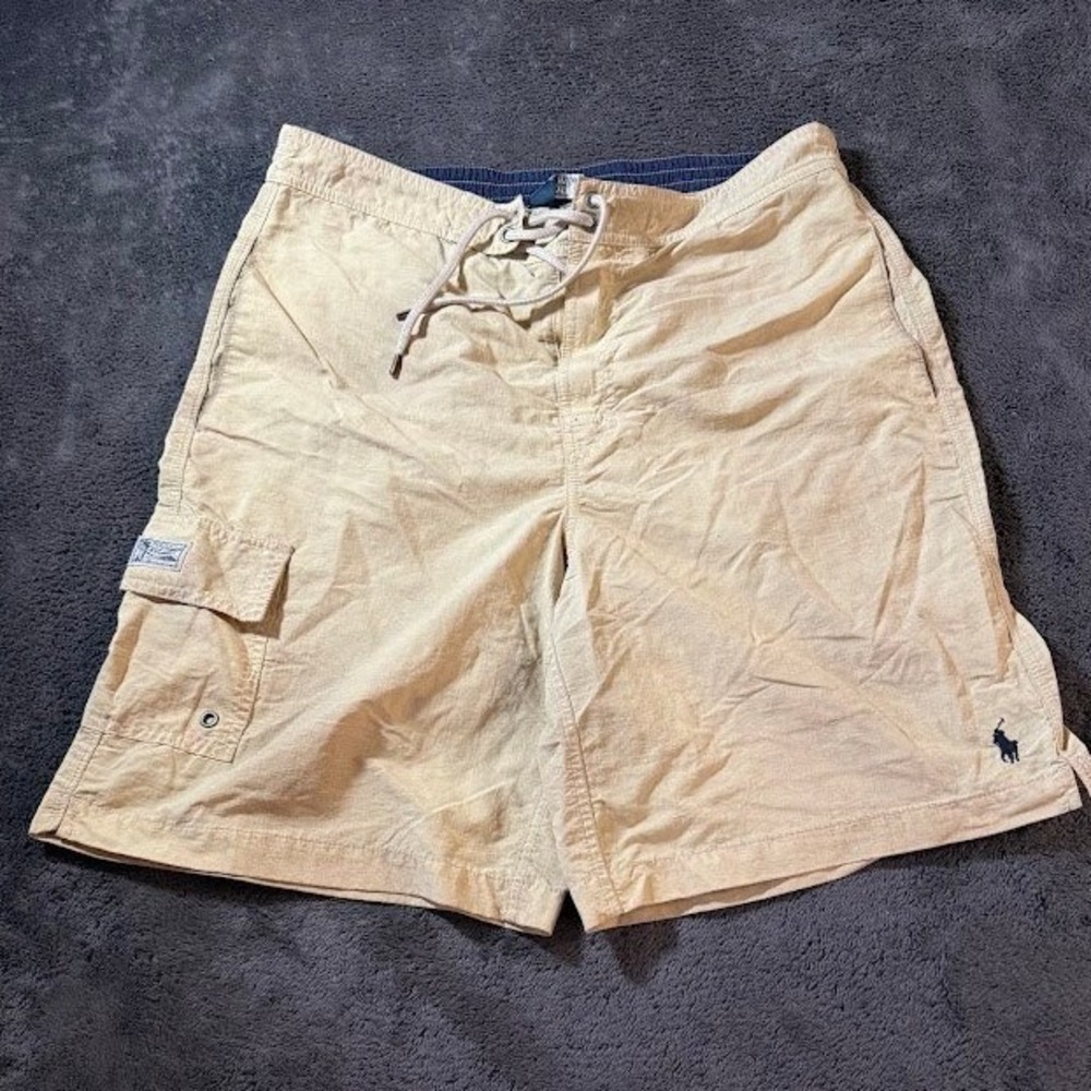 Vintage Polo Ralph Lauren Mens Tan Swim Trunks Board Shorts Cargo Pocket M 32X9